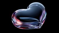 Glossy transparent heart shape with pink and blue reflections on black background, glass-like surface with smooth curves and light effects. Suitable for romantic designs.