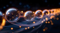 Glowing spheres with sparkles floating in dark space connected by luminous streams, creating magical atmosphere against blurred bokeh lights background.