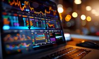 Financial trading screen with stock market charts and data analysis on laptop computer, illuminated by warm bokeh lights in dark office environment.