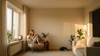 Young woman relaxing in cozy modern living room with natural sunlight streaming through windows, reading book in comfortable armchair with houseplants.