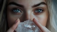 Close up portrait of young blonde woman with bright blue eyes holding clear crystal quartz in front of her face, mystical atmospheric lighting creates spiritual mood.