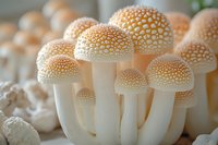Delicate white mushrooms with spotted orange caps growing in cluster, macro photography showing detailed texture and natural patterns in soft lighting.