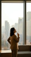 Professional businesswoman in yellow suit contemplating by office window with city skyline view during golden hour for corporate success concepts.
