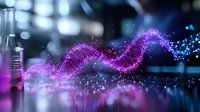 Glowing purple DNA helix structure with particle effects floating above reflective surface in laboratory setting with test tubes and bokeh background lighting effects.