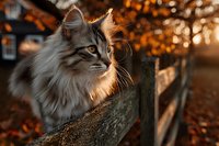 Fluffy tabby cat sitting on wooden fence during golden autumn sunset, warm light highlighting fur details in rural setting.