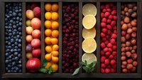 Fresh colorful fruits and berries arranged in wooden box compartments, including blueberries, apples, citrus, blackberries, lemon slices, raspberries and hazelnuts.