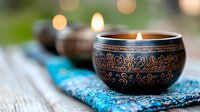 Ornate metal singing bowl with burning candle on turquoise textile, creating zen atmosphere with soft bokeh lights in background for meditation and spa setting.