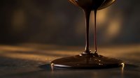Melted chocolate drips from spoon onto surface, creating glossy puddle with rich brown tones and warm lighting, suitable for food and beverage marketing.