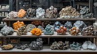 Collection of natural mineral specimens and crystal clusters displayed on wooden shelves, featuring orange calcite, blue celestine, and various quartz formations.