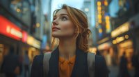Young woman in business attire gazing upward on evening city street with glowing bokeh lights and urban atmosphere. Contemplative professional moment captured at dusk.