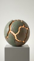 Cracked spherical sculpture with glowing interior cavity, sage green exterior with golden-orange light emanating from fractured openings, mounted on gray pedestal for contemporary art display.