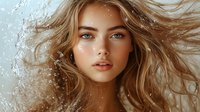 Young woman with flowing blonde hair and natural makeup in soft warm lighting against textured background, artistic beauty portrait capturing ethereal feminine essence.