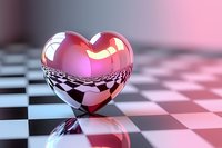 Metallic red heart on checkered floor with reflection, dramatic lighting creates romantic atmosphere against pink background.