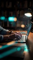 Man typing on laptop computer at night with desk lamp illumination and bokeh lights creating atmospheric workspace for remote work and productivity.