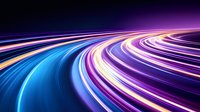Glowing curved light trails in motion on dark background with vibrant blue, purple, and pink neon streaks creating dynamic speed effect for technology concepts.