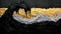 Dark liquid wave with dripping black paint effect against metallic gold and silver textured background creates dramatic abstract art composition with flowing movement.
