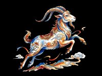 Decorative goat illustration with ornate patterns in blue, orange and gold tones, isolated on transparent background. Ready for t-shirt design, clipart, stickers and print-on-demand products.