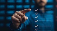 Professional pointing at floating digital checklist against blue technology background. Interactive virtual interface shows completed tasks and progress tracking.