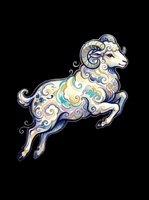 Ornamental ram with curved horns and decorative swirls in blue, gold, and cream tones, isolated on transparent background. Ready for t-shirts, stickers, clipart, and print-on-demand designs.