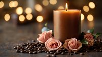 Burning copper-colored candle with delicate pink roses and scattered coffee beans on rustic wooden surface against soft bokeh lights background.