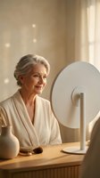 Senior Caucasian woman in white robe using LED light therapy mirror for anti-aging skincare routine at home spa wellness treatment.