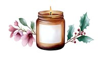 Aromatic soy candle in amber glass jar decorated with watercolor holly leaves, red berries and pink magnolia flowers. Cozy home decor element.