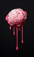 Pink ice cream scoop with berry sauce dripping down on black background. Sweet dessert treat for summer menu and food advertising concepts.