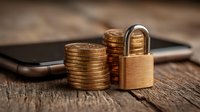 Golden coins stacked beside brass padlock on wooden surface with smartphone, symbolizing financial security and digital money protection.