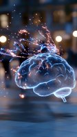 Glowing translucent brain with electric energy sparks and particles floating in dark space, representing artificial intelligence, neural networks and mind power.