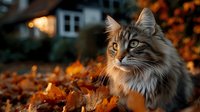 Fluffy tabby cat sitting among golden autumn leaves with warm bokeh lights and cozy house background creating peaceful seasonal atmosphere.