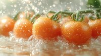 Fresh cherry tomatoes with water drops splashing and rolling on wet surface in soft natural light, creating dynamic food photography composition.