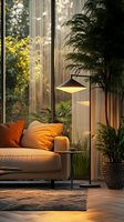 Cozy living room corner with modern floor lamp casting warm light on beige sofa with orange pillows, potted plants and panoramic window creating relaxing evening atmosphere.