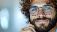 Smiling bearded young man with glasses and curly hair holding smartphone close to ear, positive communication concept on blurred background.