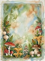 Watercolor forest mushroom frame with ferns and foliage, copy space center, earthy tones, for cards, invitations, and nature-themed designs.