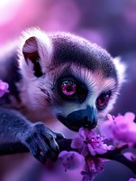 Ring-tailed lemur close-up portrait with bright pink eyes among purple cherry blossoms, mystical atmosphere with soft bokeh background and dramatic lighting.