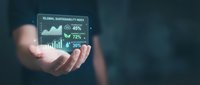 Business professional presenting holographic sustainability dashboard with environmental data charts and green energy statistics for corporate reporting.