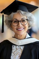 Mature female graduate in academic regalia wearing glasses and graduation cap smiles warmly during ceremony. Natural gray hair and professional appearance showcase lifelong learning.