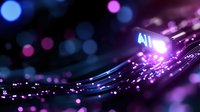 Artificial intelligence concept with glowing AI text and flowing digital data streams on dark background with colorful bokeh lights for technology presentations.