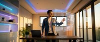 Professional businessman presenting data analytics in modern office with digital screens and ambient lighting for corporate presentations.