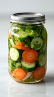 Fresh pickled vegetables in mason jar with cucumber slices, carrots, and basil leaves in brine solution. Homemade preserves for healthy eating.