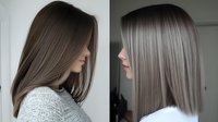 Young woman with sleek ash brown to silver grey ombre hair shown from side view in before and after hair transformation collage demonstrating modern balayage technique.