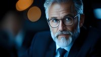 Mature businessman with gray beard and glasses in dark setting with bokeh lights, dramatic moody portrait showing confidence and experience in corporate environment.
