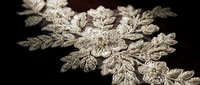 Elegant gold embroidered floral lace applique with intricate leaf patterns on dark background for luxury fashion design and haute couture garments.