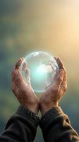 Elderly hands gently holding glowing Earth globe with warm sunlight, symbolizing environmental protection, sustainability and global responsibility.