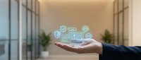 Businessman hand holding glowing digital security icons including shield, document, and cloud in modern office environment.