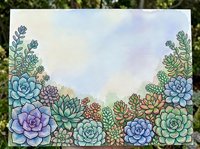 Watercolor succulent garden border frame with colorful plants on textured paper background for botanical art, wedding invitations and nature designs.
