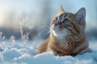 Ginger cat with blue eyes lying in fresh snow, looking up at winter sky with dreamy expression. Soft bokeh background creates magical winter atmosphere.