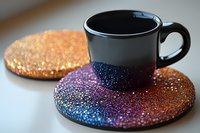 Black ceramic coffee cup on sparkly iridescent coaster with glitter effect, next to matching decorative coaster in orange and gold tones against light background.