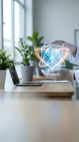 Hands protecting glowing digital brain with neural network connections in modern office workspace for artificial intelligence and technology concepts.