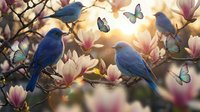 Blue birds perched on blooming magnolia branches with butterflies in warm golden sunlight creating peaceful spring garden scene.